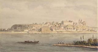 Théodore Jung - View of Brissac with figures on the embankment pulling a boat along the River Loire