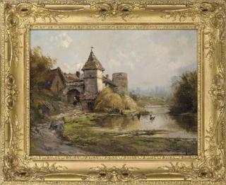 Théodore Lévigne - Ducks on a lake by a French château