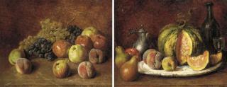 Théodore Levigne - Grapes on the vine, apples and peaches, on a ledge; and A melon and peaches on a ceramic plate with pears, an apple, a silver tankard and a wine bottle and glass