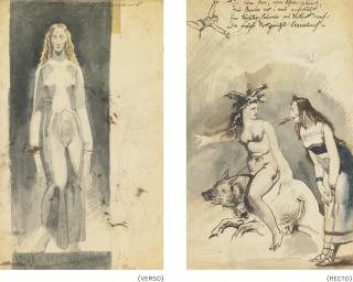 Theodore Mattias Von Holst - Baubo Leading The Festivities Of Walpurgisnacht (Recto) And A Maiden Standing In A Doorway (Verso): A Double-Sided Drawing