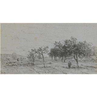 Théodore Rousseau - Landscape With A Peasant Working In A Field, A Ridge Of Hills In The Distance