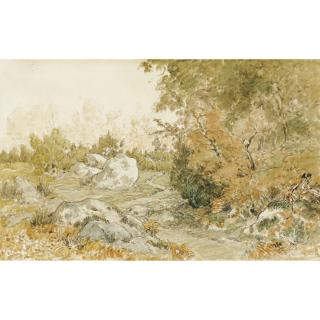 Théodore Rousseau - Le Chemin De Paris,  Forêt De Fontainebleauthéodore Rousseau ; The Road To Paris  In Fontainebleau Forest ;  Stamped With The Sale Stamp (L.2436) Lower Right  ; Watercolour Over Pencil