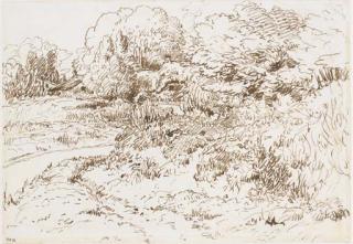 Théodore Rousseau - Paysage boisé avec une rivière, des maisons au fond