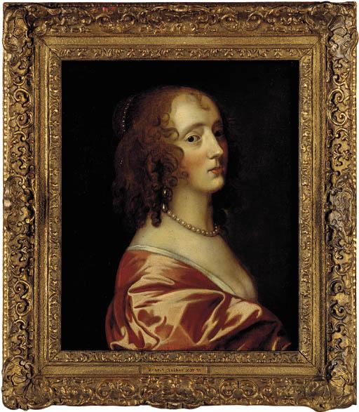 Theodore Roussel - Portrait of the Countess of Manchester, bust-length, in a pink satin dress with pearl earrings and necklace