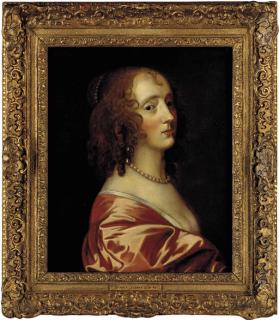 Theodore Roussel - Portrait of the Countess of Manchester, bust-length, in a pink satin dress with pearl earrings and necklace