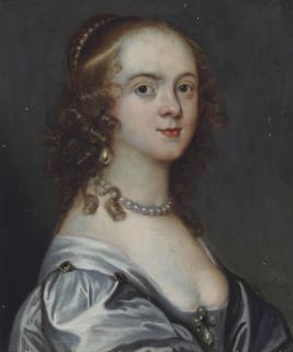 Theodore Russell - Portrait of a lady, bust-length, in a bejewelled satin oyster dress, with a pearl necklace, earring and headdress