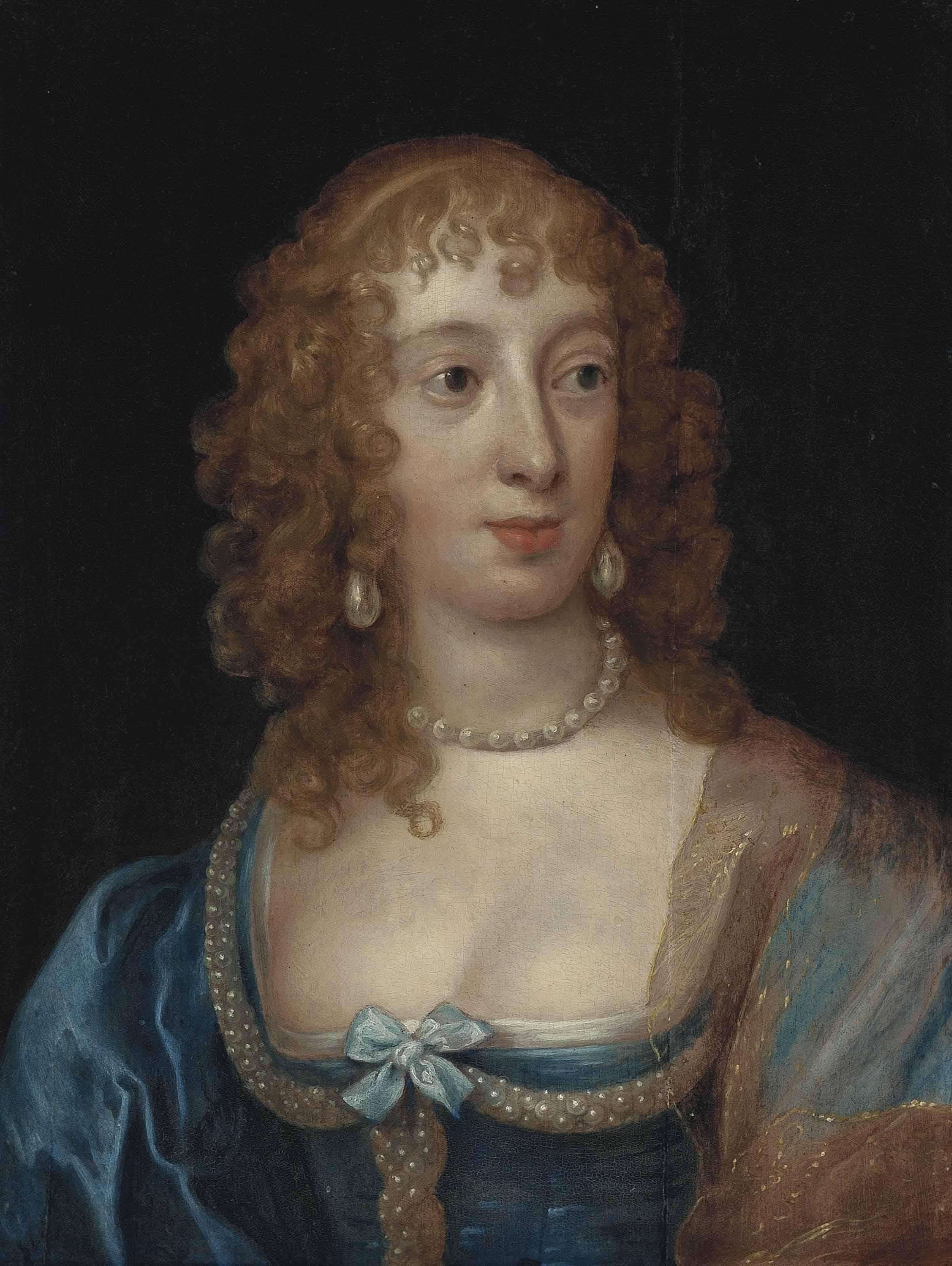 Theodore Russell - Portrait of a lady, traditionally identified as Anne Russell, later Lady Stapleton (d.1722), bust-length, in a blue dress with pearls