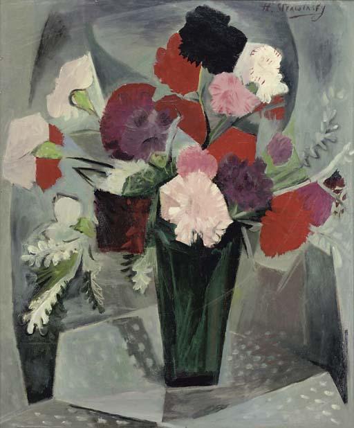 Théodore Stravinsky - Pink, Red And White Carnations In A Vase
