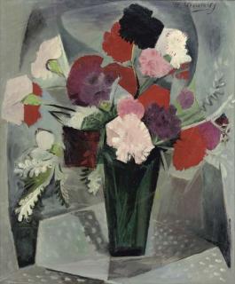 Théodore Stravinsky - Pink, Red And White Carnations In A Vase