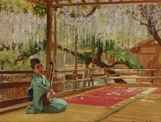 Theodore Wores - Under the Wisteria (Kameido, Tokio) 9 x 12in