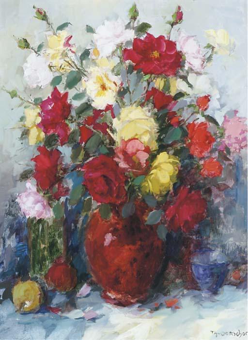 Theodorus van Oorschot - Roses In A Red Vase