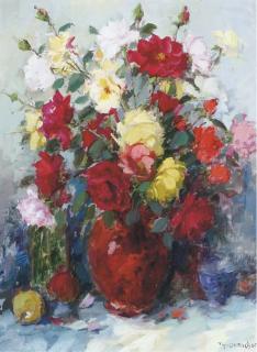 Theodorus van Oorschot - Roses In A Red Vase