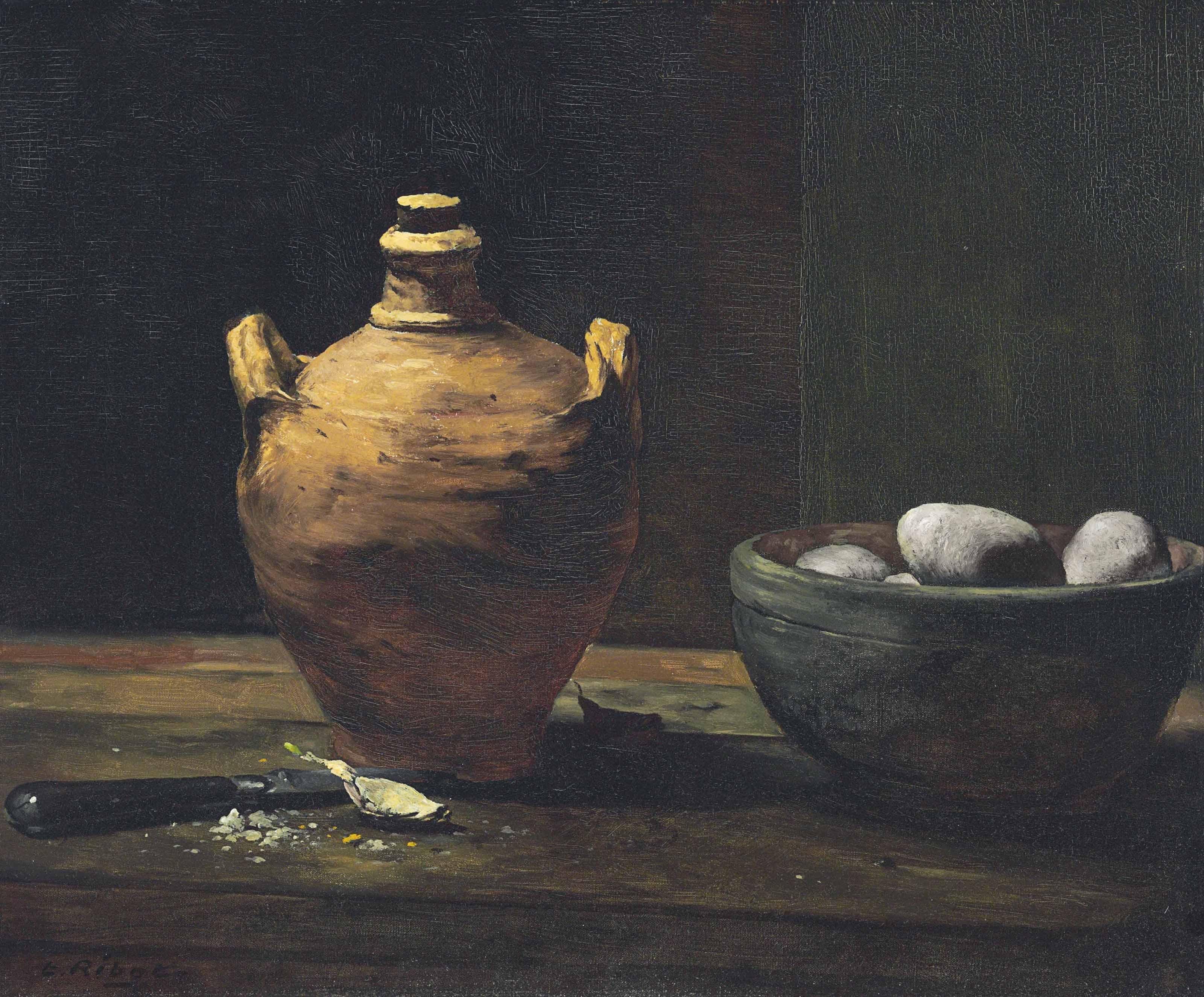Théodule Augustin Ribot - Still Life with Eggs, Garlic, and a Ceramic Jug