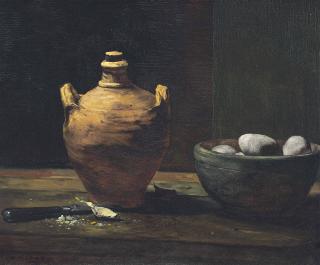 Théodule Augustin Ribot - Still Life with Eggs, Garlic, and a Ceramic Jug