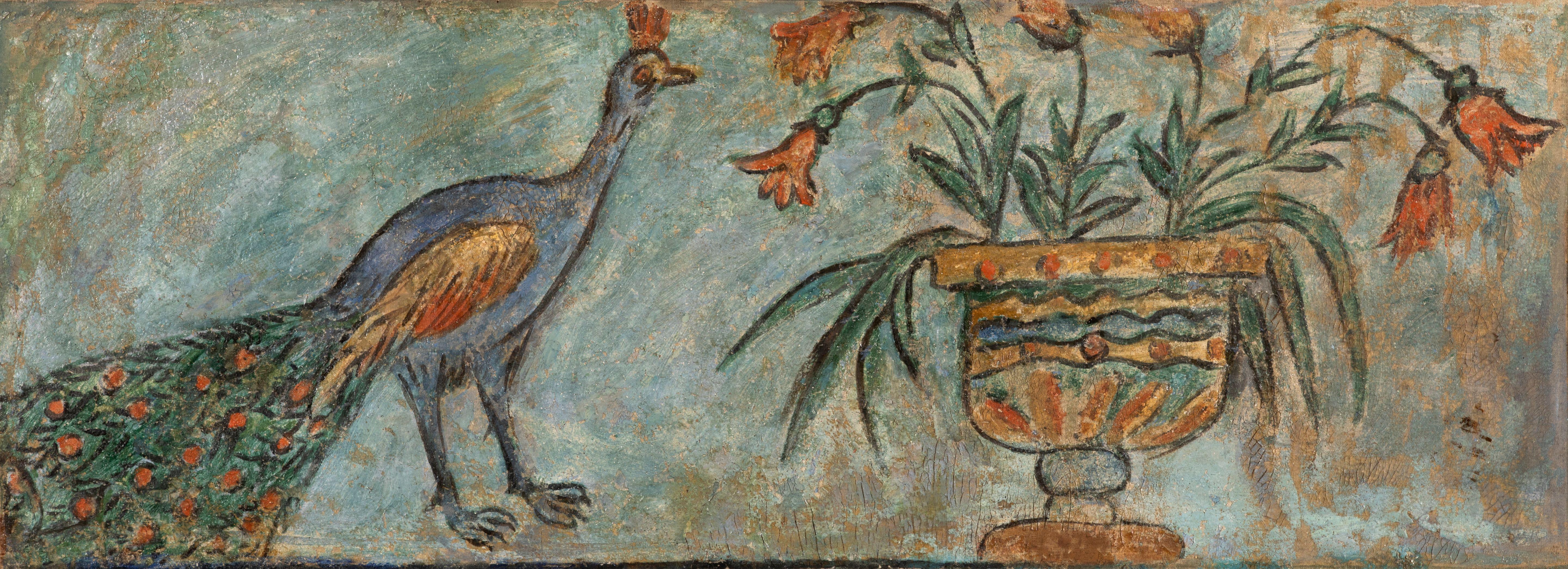 Theofilos Hadjimichael - Composition avec un paon et fleurs de lys