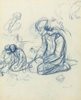 Théophile-Alexandre Steinlen - Children Playing Games, With A Subsidiary Study Of A Cat (Recto), A Seated Young Boy With Subsidiary Figure Studies (Verso)
