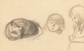 Theophile Alexandre Steinlen - Jeune fille et chat recto Homme au moustache verso