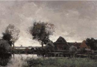 Theophile Emile Achille De Bock - A polder landscape with a farm at dusk