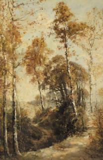 Theophile Emile Achille De Bock - A shepherd and flock in a wooded landscape