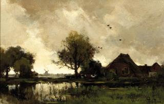 Theophile Emile Achille De Bock - A stormy day: a farm in a polder landscape