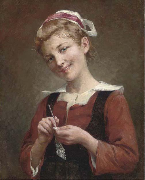 Théophile-Louis Deyrolle - A young girl knitting