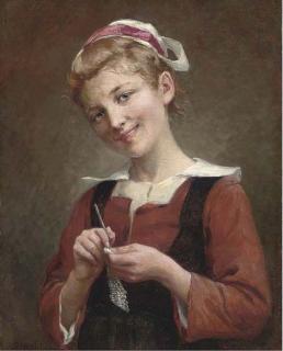 Théophile-Louis Deyrolle - A young girl knitting