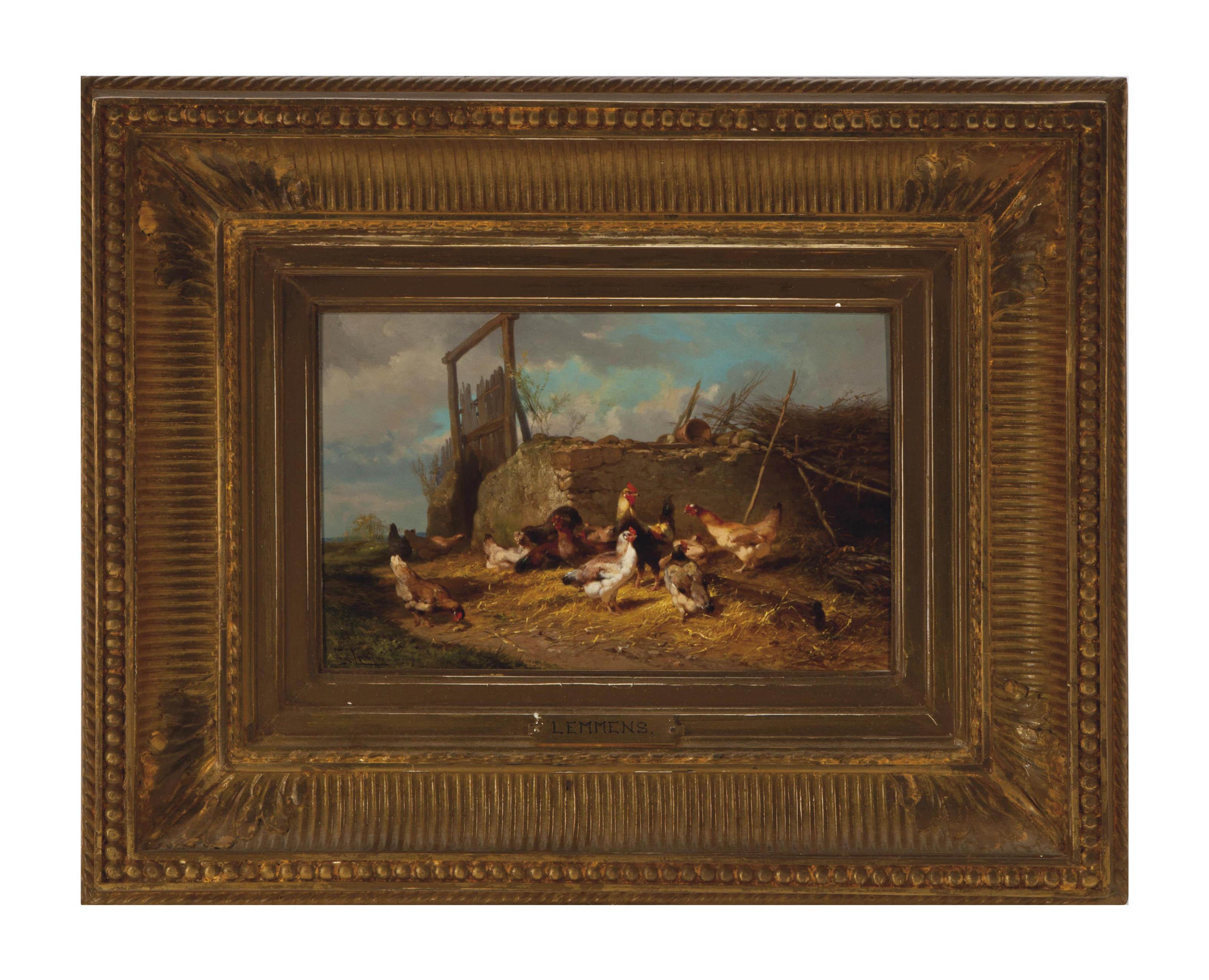 Théophile Victor Emile Lemmens - Chickens alongside the ruins of a building