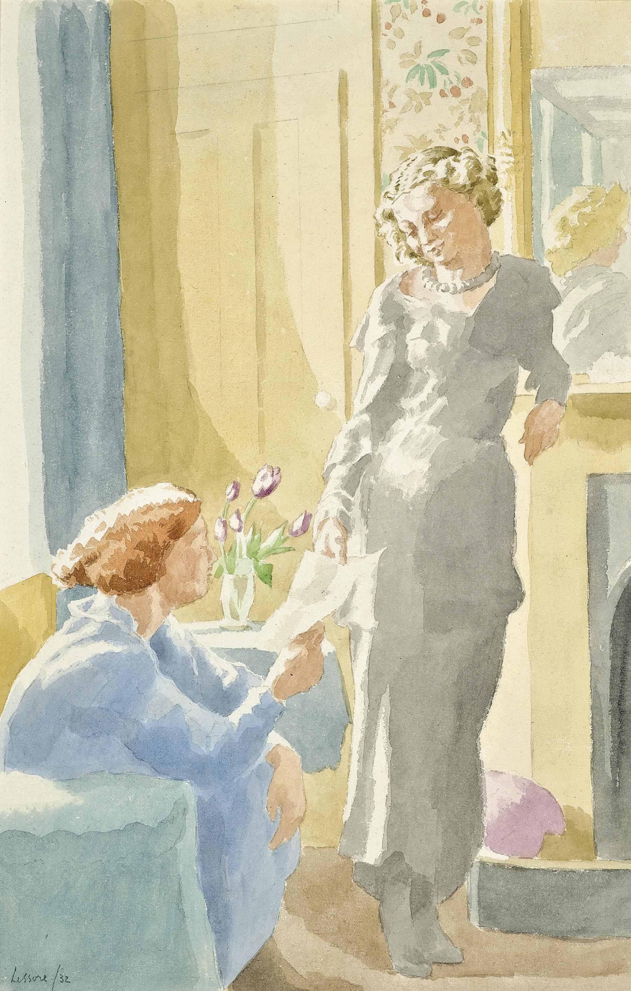 Thérèse Lessore - Lady Pansy And A Companion In An Interior