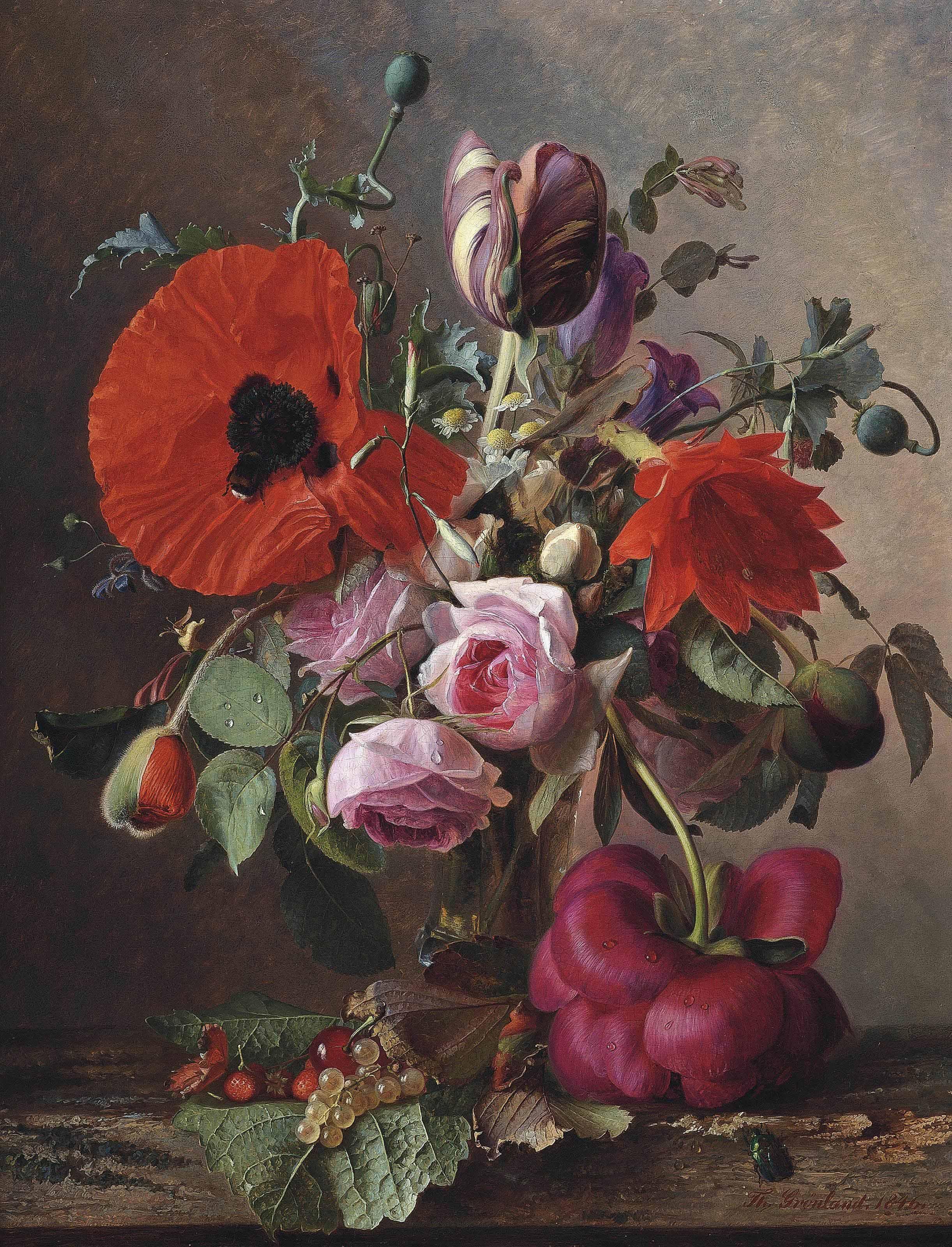 Theude Grönland - Poppies, Tulips And Roses In A Vase By Strawberries And Grapes On A Wooden Shelf