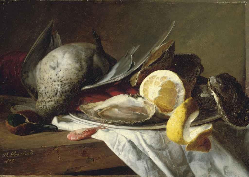 Theude Grönland - Still life of a duck, a shrimp and a plate of oysters