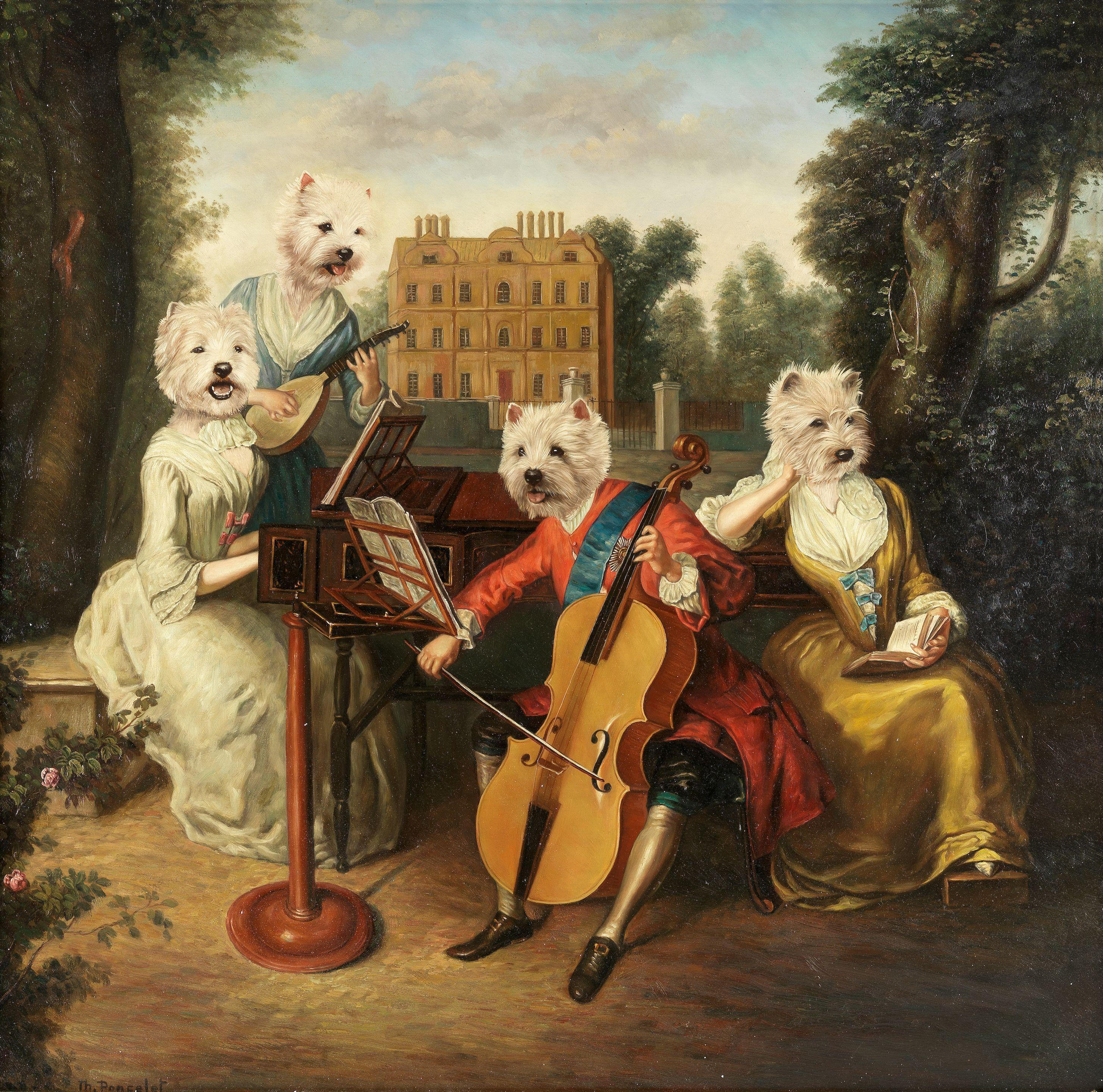 Thierry Poncelet - West highland white terriers as a Regency band performing in the gardens of a country house