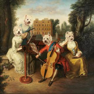 Thierry Poncelet - West highland white terriers as a Regency band performing in the gardens of a country house