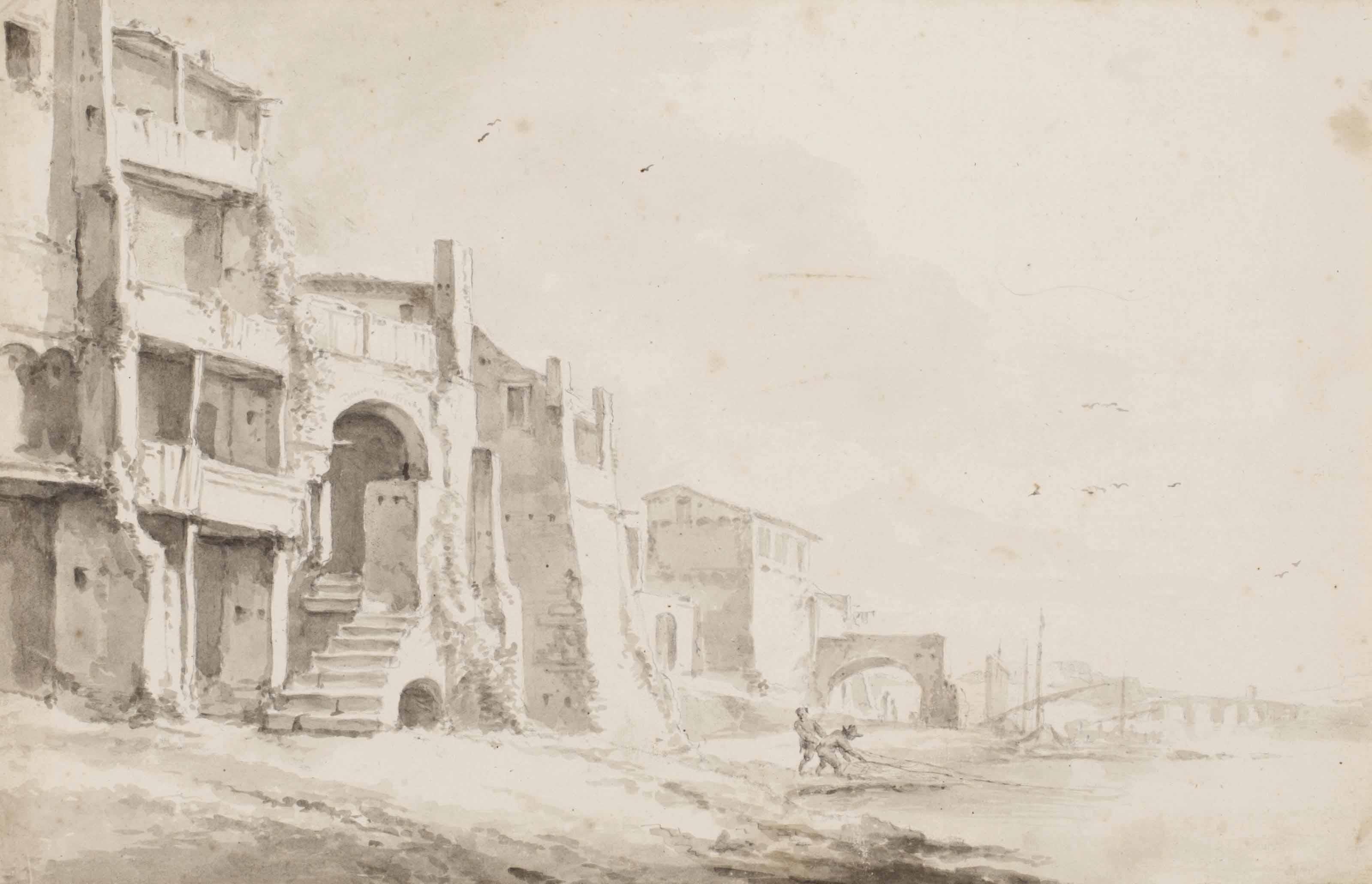 Thomas Adriaensz. Wyck - View of buildings beside a river, probably the Tiber  (recto ) ;  faint traces of a study in black chalk ( verso )