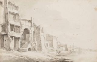 Thomas Adriaensz. Wyck - View of buildings beside a river, probably the Tiber  (recto ) ;  faint traces of a study in black chalk ( verso )