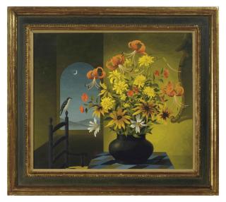Thomas Adrian Fransioli - Still life of flowers with a bird at nightfall