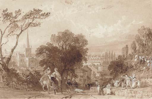 Thomas Allom - A busy Darlington road with St. Cuthbert\'s Church in the distance