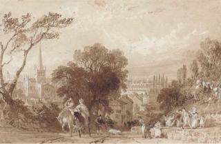 Thomas Allom - A busy Darlington road with St. Cuthbert\'s Church in the distance
