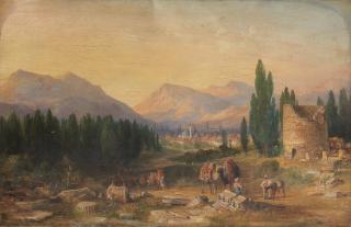 Thomas Allom - A camel train arriving at Philadelphia; and Travellers resting at Thyatira, a pair