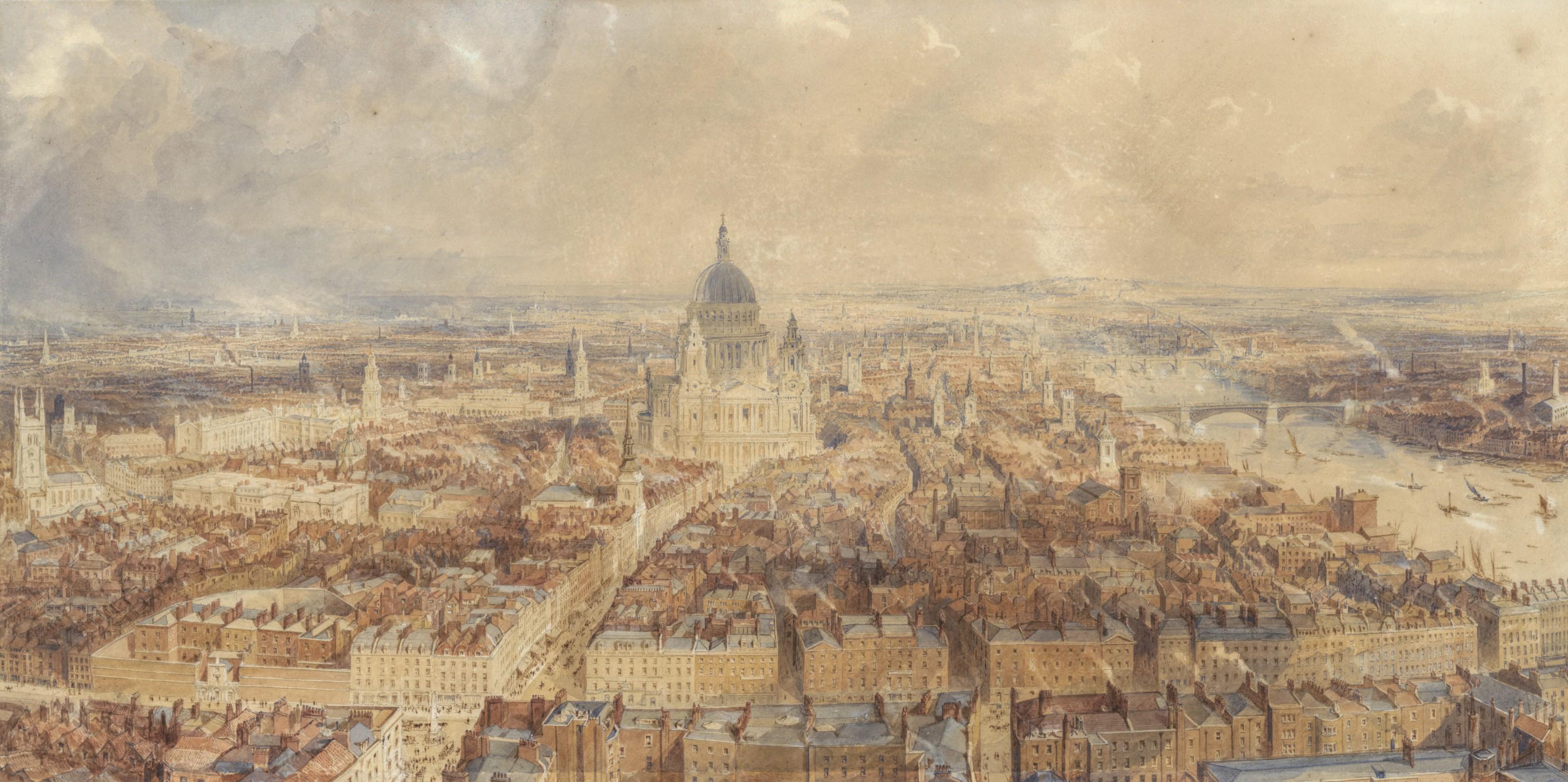 Thomas Allom - View of London from the steeple of St Bride\'s Church, Fleet Street, looking east towards St Paul\'s Cathedral