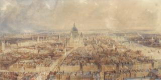 Thomas Allom - View of London from the steeple of St Bride\'s Church, Fleet Street, looking east towards St Paul\'s Cathedral