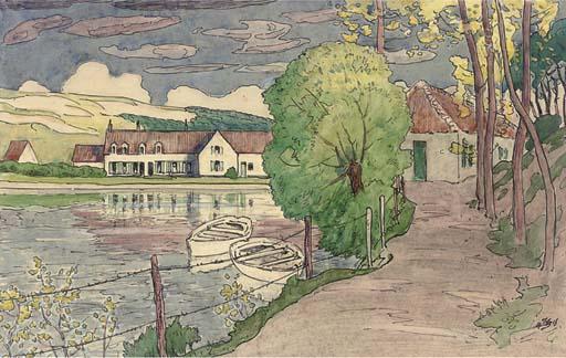 Thomas Austen Brown, A.R.S.A., R.S.W. - Rowing Boats Beside A Country Path, Cottages Beyond