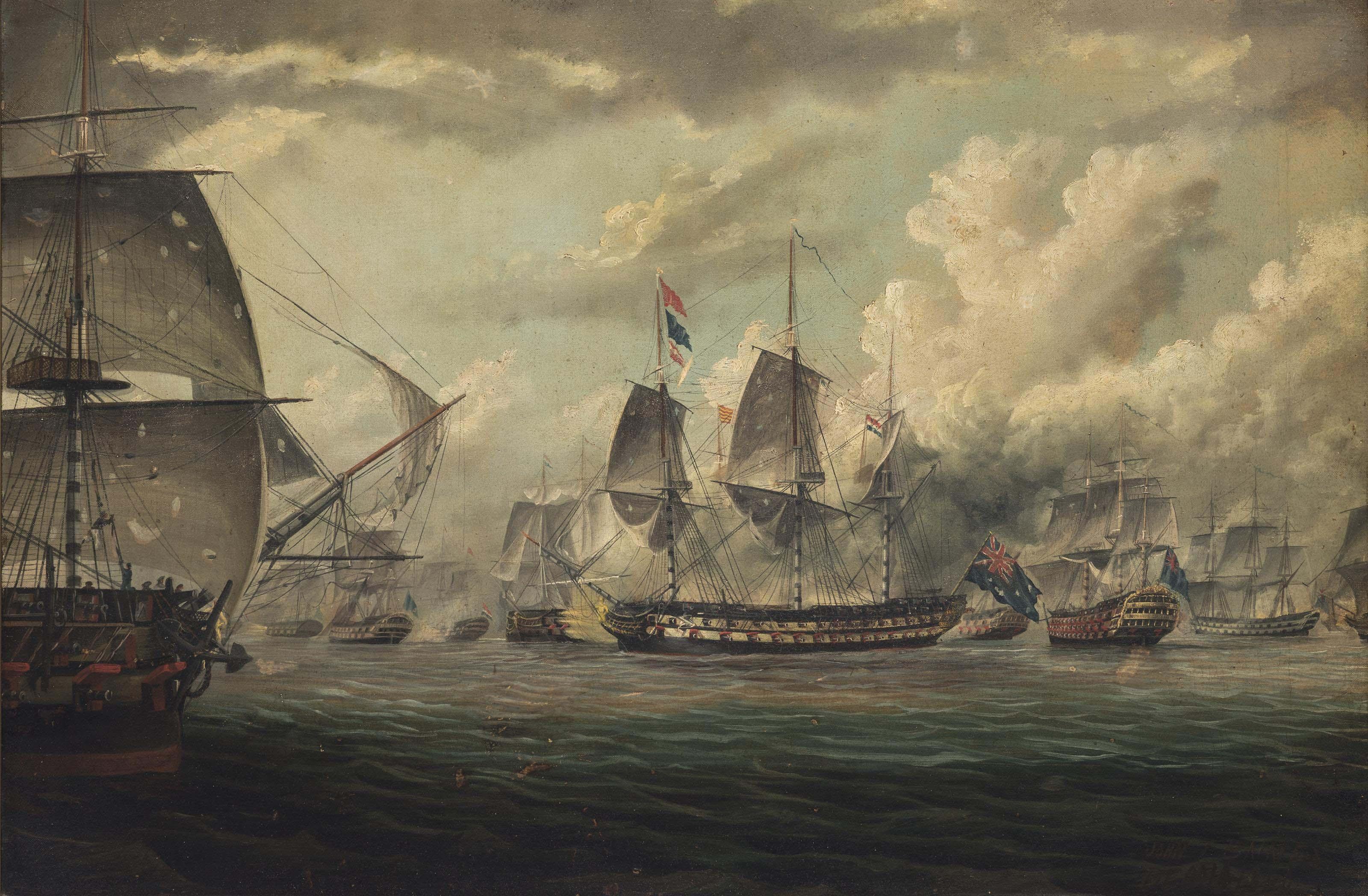 Thomas Baines - H.M.S. Bellerophon leading the bombardment of the Syrian fortress of Acre on 3 November 1840