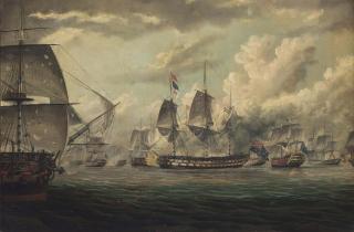 Thomas Baines - H.M.S. Bellerophon leading the bombardment of the Syrian fortress of Acre on 3 November 1840