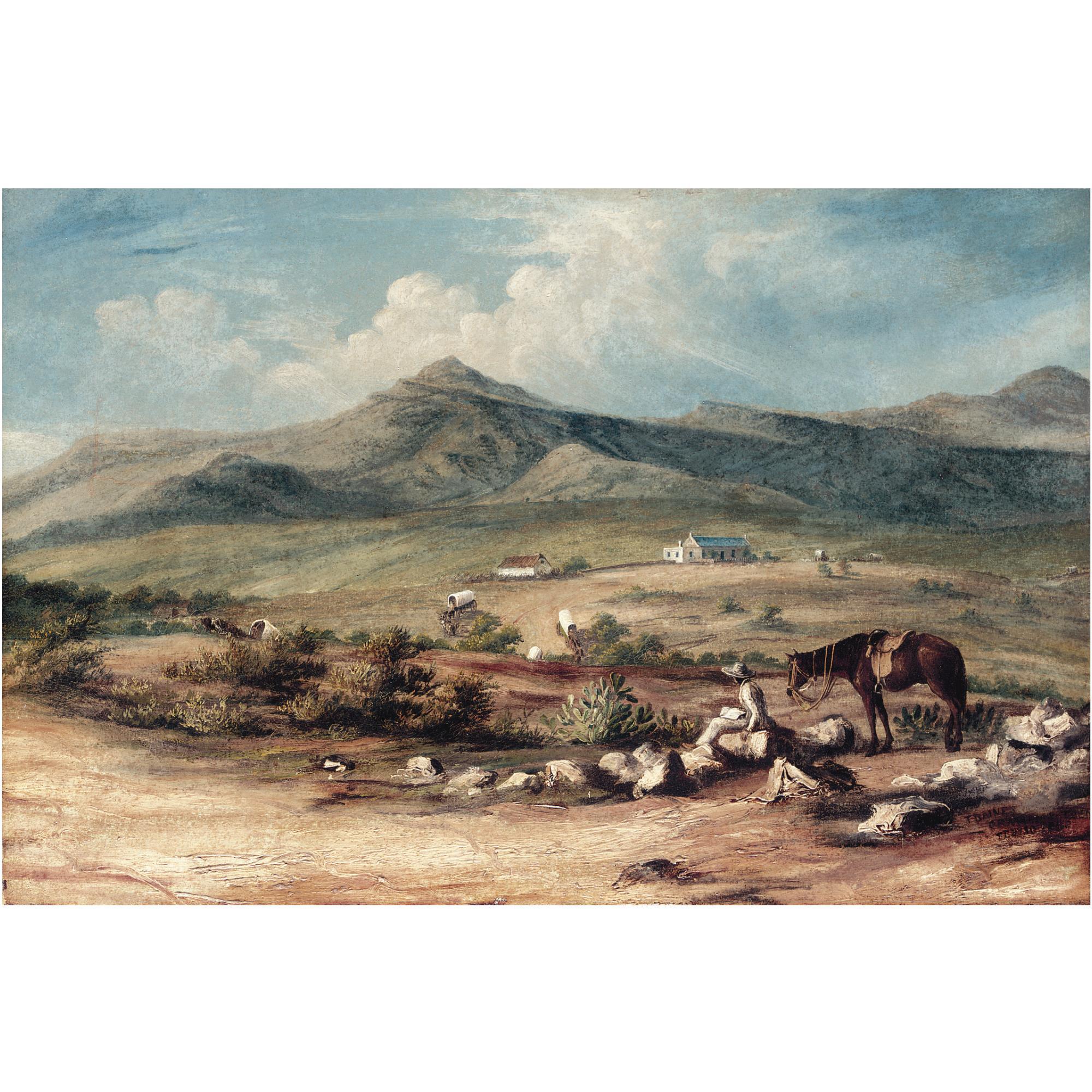 Thomas Baines - The Artist And His Mount Overlooking A Valley In The Eastern Cape, With A Wagon Train Passing A Farm Below