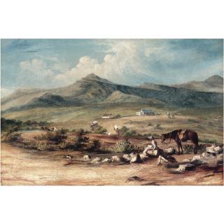 Thomas Baines - The Artist And His Mount Overlooking A Valley In The Eastern Cape, With A Wagon Train Passing A Farm Below