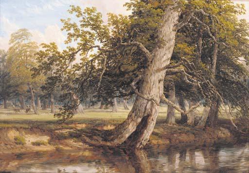 Thomas Baker Of Leamington - A Sunlit Wooded River Landscape