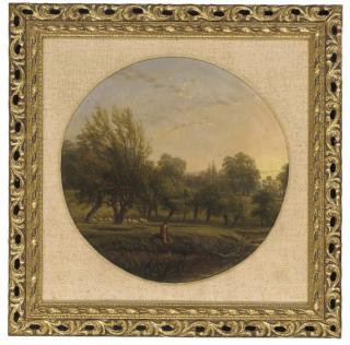 Thomas Baker of Leamington - Fishing at sunset, Offchurch Warwickshire, tondo