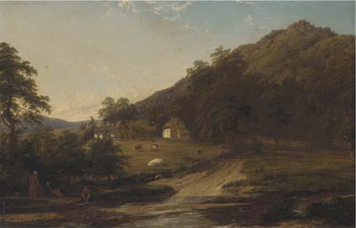 Thomas Baker - Figures by a river with cottages beyond