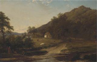 Thomas Baker - Figures by a river with cottages beyond