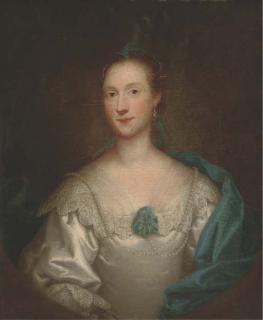 Thomas Bardwell - Portrait of a lady, bust-length, in a white dress and blue wrap